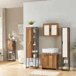 [En.Casa] Armoire murale de salle de bain Namsskogan avec miroir 50 x 60 x 15 cm effet noyer noir en.casa