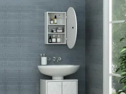 Armoire De Toilette|Vente-unique Armoire murale de salle de bain ovale avec miroir - Blanc - RURI