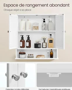 Nature Pro Armoire Murale, Meuble Salle de Bain, Placard de Rangement, Armoire Suspendue, 2 Portes-miroir et Compartiment Ouvert