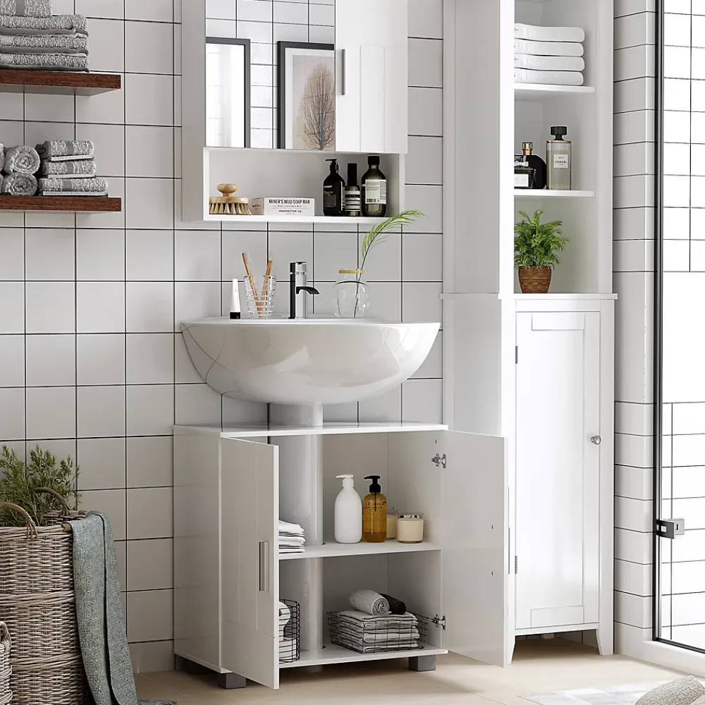 Armoire De Salle De Bains|kleankin Armoire murale miroir de salle de bain - 2 portes, étagères, niche - dim. 54L x 15,2l x 55,3H cm - MDF blanc