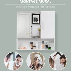 Armoire De Salle De Bains|kleankin Armoire murale miroir de salle de bain - 2 portes, étagères, niche - dim. 54L x 15,2l x 55,3H cm - MDF blanc