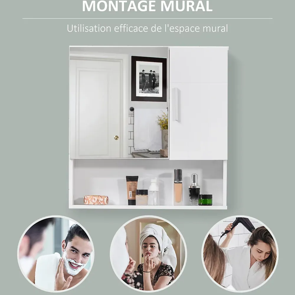 Armoire De Salle De Bains|kleankin Armoire murale miroir de salle de bain - 2 portes, étagères, niche - dim. 54L x 15,2l x 55,3H cm - MDF blanc