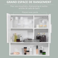 Armoire De Salle De Bains|kleankin Armoire murale miroir de salle de bain - 2 portes, étagères, niche - dim. 54L x 15,2l x 55,3H cm - MDF blanc