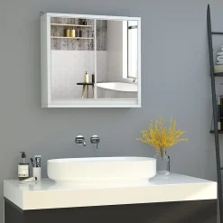 Armoire De Toilette|Homcom Armoire murale miroir salle de bain 2 étagères dim. 48L x 14l x 45H cm panneaux particules MDF blanc