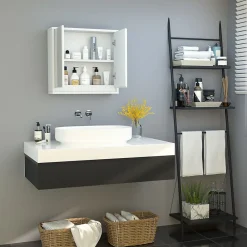 Armoire De Toilette|Homcom Armoire murale miroir salle de bain 2 étagères dim. 48L x 14l x 45H cm panneaux particules MDF blanc