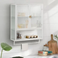 Armoire De Salle De Bains|Okwish Armoire Murale Moderne avec Portes Vitrées et Porte-Serviettes, Meuble Mural avec Étagères - 60x23x78 cm - Blanc, Verre+Métal