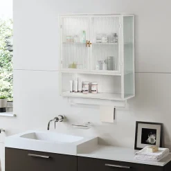 Armoire De Salle De Bains|Okwish Armoire Murale Moderne avec Portes Vitrées et Porte-Serviettes, Meuble Mural avec Étagères - 60x23x78 cm - Blanc, Verre+Métal