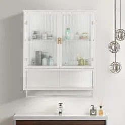 Armoire De Salle De Bains|Okwish Armoire Murale Moderne avec Portes Vitrées et Porte-Serviettes, Meuble Mural avec Étagères - 60x23x78 cm - Blanc, Verre+Métal