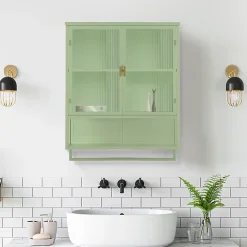 Okwish Armoire Murale Moderne avec Portes Vitrées et Porte-Serviettes, Meuble Mural avec Étagères - 60x23x78 cm - Vert, Verre+Métal