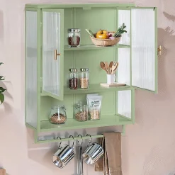 Okwish Armoire Murale Moderne avec Portes Vitrées et Porte-Serviettes, Meuble Mural avec Étagères - 60x23x78 cm - Vert, Verre+Métal