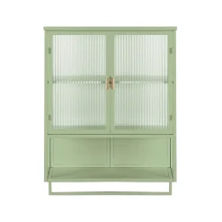 Okwish Armoire Murale Moderne avec Portes Vitrées et Porte-Serviettes, Meuble Mural avec Étagères - 60x23x78 cm - Vert, Verre+Métal