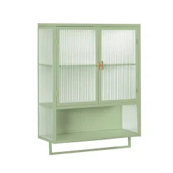 Okwish Armoire Murale Moderne avec Portes Vitrées et Porte-Serviettes, Meuble Mural avec Étagères - 60x23x78 cm - Vert, Verre+Métal