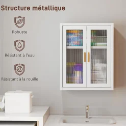 Armoire De Salle De Bains|Homcom Armoire murale métal salle de bain étagère 2 portes acrylique cannelé 40 x 14 x 50 cm blanc doré