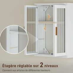 Armoire De Salle De Bains|Homcom Armoire murale métal salle de bain étagère 2 portes acrylique cannelé 40 x 14 x 50 cm blanc doré