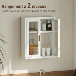 Armoire De Salle De Bains|Homcom Armoire murale métal salle de bain étagère 2 portes acrylique cannelé 40 x 14 x 50 cm blanc doré