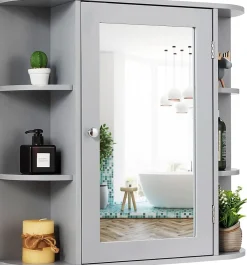 Giantex Armoire Murale pour Salle de Bain 10 Etageres avec Miroir Plusieurs Tablettes de Differentes Tailles 65 x 17 x 63CM Gris