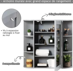 Giantex Armoire Murale pour Salle de Bain 10 Etageres avec Miroir Plusieurs Tablettes de Differentes Tailles 65 x 17 x 63CM Gris