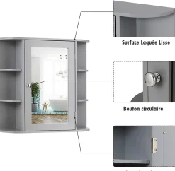 Giantex Armoire Murale pour Salle de Bain 10 Etageres avec Miroir Plusieurs Tablettes de Differentes Tailles 65 x 17 x 63CM Gris