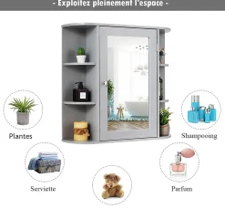 Giantex Armoire Murale pour Salle de Bain 10 Etageres avec Miroir Plusieurs Tablettes de Differentes Tailles 65 x 17 x 63CM Gris