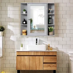 Giantex Armoire Murale pour Salle de Bain 10 Etageres avec Miroir Plusieurs Tablettes de Differentes Tailles 65 x 17 x 63CM Gris
