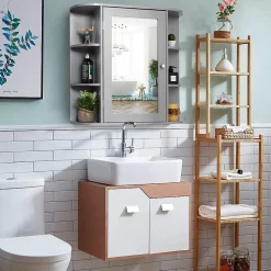 Giantex Armoire Murale pour Salle de Bain 10 Etageres avec Miroir Plusieurs Tablettes de Differentes Tailles 65 x 17 x 63CM Gris