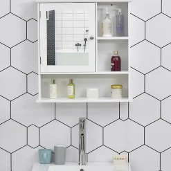 kleankin Armoire murale salle de bain armoire à glace placard de rangement toilettes 1 porte niche + étagères latérales MDF blanc