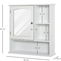 kleankin Armoire murale salle de bain armoire à glace placard de rangement toilettes 1 porte niche + étagères latérales MDF blanc