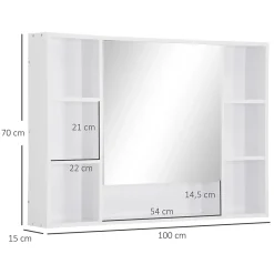 kleankin Armoire murale salle de bain avec miroir - 7 niches, étagère - 100 x 15 x 70 cm - MDF blanc