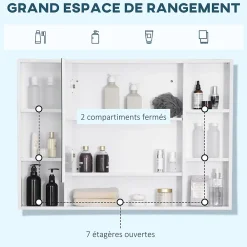 kleankin Armoire murale salle de bain avec miroir - 7 niches, étagère - 100 x 15 x 70 cm - MDF blanc