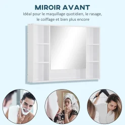 kleankin Armoire murale salle de bain avec miroir - 7 niches, étagère - 100 x 15 x 70 cm - MDF blanc