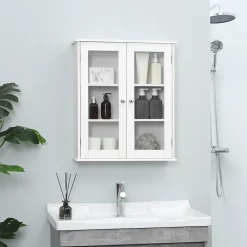 kleankin Armoire murale salle de bain 2 portes vitrées 2 étagères 55 x 20 x 65 cm blanc