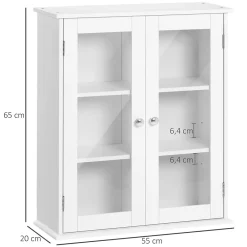 kleankin Armoire murale salle de bain 2 portes vitrées 2 étagères 55 x 20 x 65 cm blanc