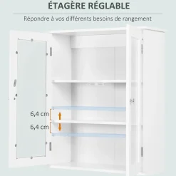 kleankin Armoire murale salle de bain 2 portes vitrées 2 étagères 55 x 20 x 65 cm blanc