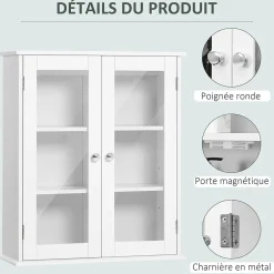 kleankin Armoire murale salle de bain 2 portes vitrées 2 étagères 55 x 20 x 65 cm blanc