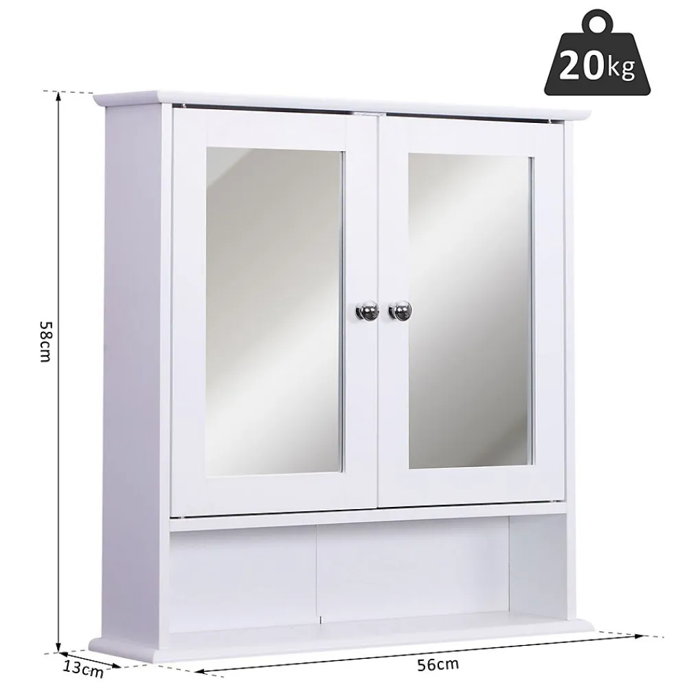 Homcom Armoire murale étagère salle de bain 56L x 13l x 58H cm double porte miroir étagère réglable MDF blanc