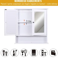 Homcom Armoire murale étagère salle de bain 56L x 13l x 58H cm double porte miroir étagère réglable MDF blanc