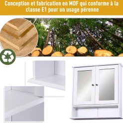 Homcom Armoire murale étagère salle de bain 56L x 13l x 58H cm double porte miroir étagère réglable MDF blanc