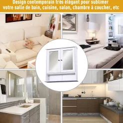 Homcom Armoire murale étagère salle de bain 56L x 13l x 58H cm double porte miroir étagère réglable MDF blanc