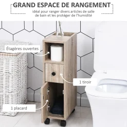 Meuble Wc|kleankin Armoire pour papier toilette - porte-papier toilette - 3 niveaux + sortie papier - aspect chêne clair