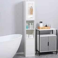 kleankin Armoire salle de bain, meuble de rangement colonne avec miroir, 2 portes, étagères réglables, 30x28x170cm, blanc