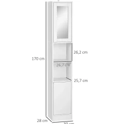 kleankin Armoire salle de bain, meuble de rangement colonne avec miroir, 2 portes, étagères réglables, 30x28x170cm, blanc