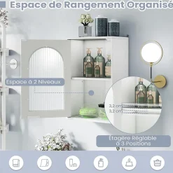 Etagère Salle De Bains|Giantex Armoire Salle de Bain,avec Porte en Verre Trempé Canne, au-Dessus des Toilettes avec Étagère Réglable pour Salon Buanderie, Blanc
