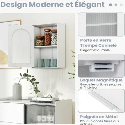 Etagère Salle De Bains|Giantex Armoire Salle de Bain,avec Porte en Verre Trempé Canne, au-Dessus des Toilettes avec Étagère Réglable pour Salon Buanderie, Blanc