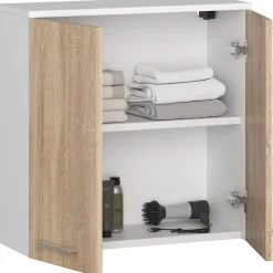 Akord Furniture Factory Armoire salle de bains AKORD FIN Meuble Haut Suspendue Blanche 60 cm 2 portes façade Chêne Sonoma 2 étagères 60x22,5x60 cm