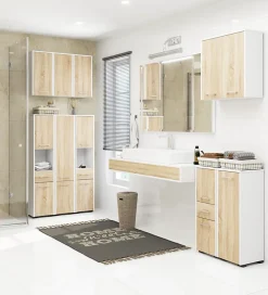 Akord Furniture Factory Armoire salle de bains AKORD FIN Meuble Haut Suspendue Blanche 60 cm 2 portes façade Chêne Sonoma 2 étagères 60x22,5x60 cm