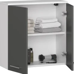 Akord Furniture Factory Armoire salle de bains AKORD FIN Meuble Haut Suspendue Blanche 60 cm 2 portes façade Gris Graphite 2 étagères 60x22,5x60 cm