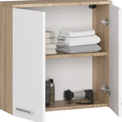 Armoire De Salle De Bains|Akord Furniture Factory Armoire salle de bains AKORD FIN Meuble Haut Suspendue Chêne Sonoma 60 cm 2 portes façade Blanche 2 étagères 60x22,5x60 cm