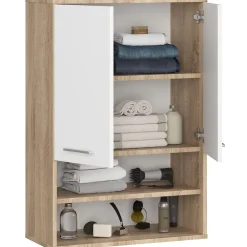 Akord Furniture Factory Armoire salle de bains suspendue AKORD FIN Chêne Sonoma 64 cm 2 portes façade Blanche 4 étagères 64x30x94 cm