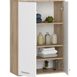 Armoire De Salle De Bains|Akord Furniture Factory Armoire salle de bains suspendue AKORD FIN Chêne Sonoma 64 cm 2 portes pleine Blanche 4 étagères 64x30x94 cm