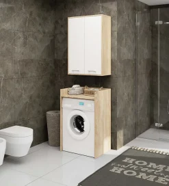 Armoire De Salle De Bains|Akord Furniture Factory Armoire salle de bains suspendue AKORD FIN Chêne Sonoma 64 cm 2 portes pleine Blanche 4 étagères 64x30x94 cm